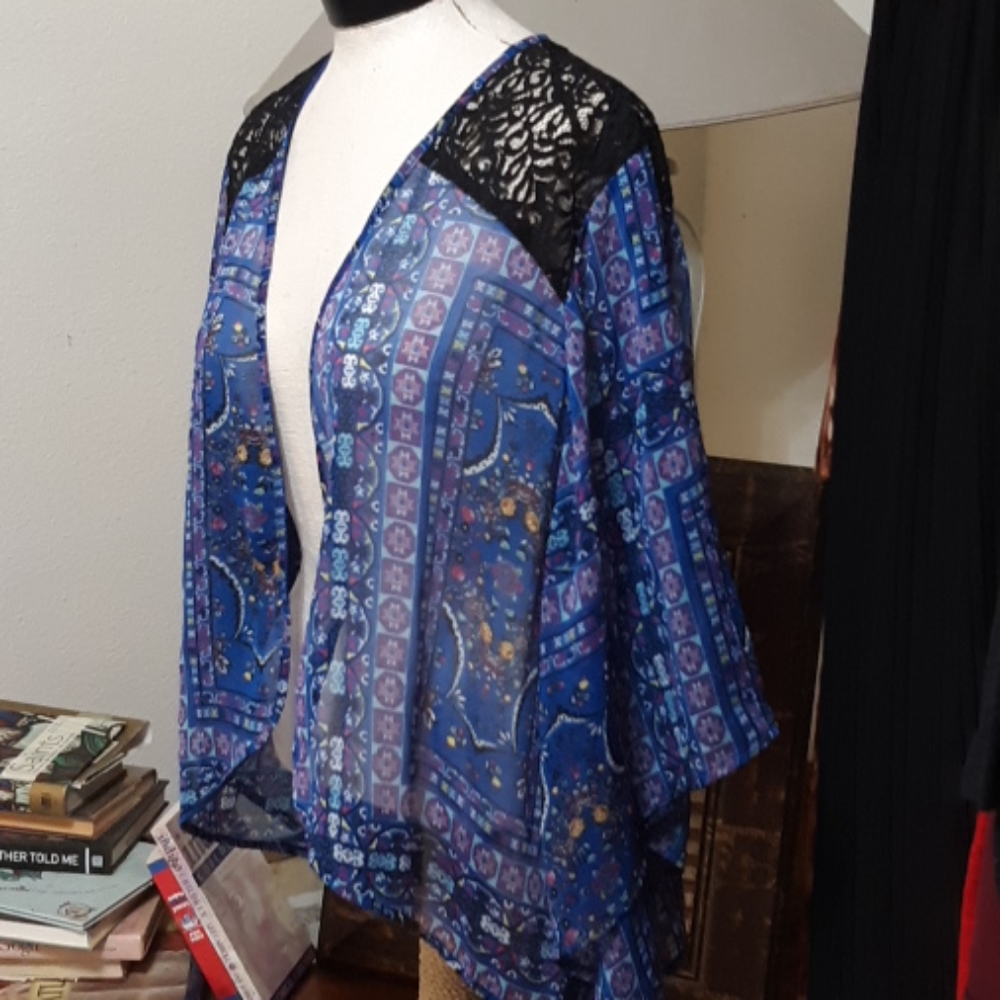 Womens Blue Black Sheer open front Blouse Wing arm plus size EYE CANDY